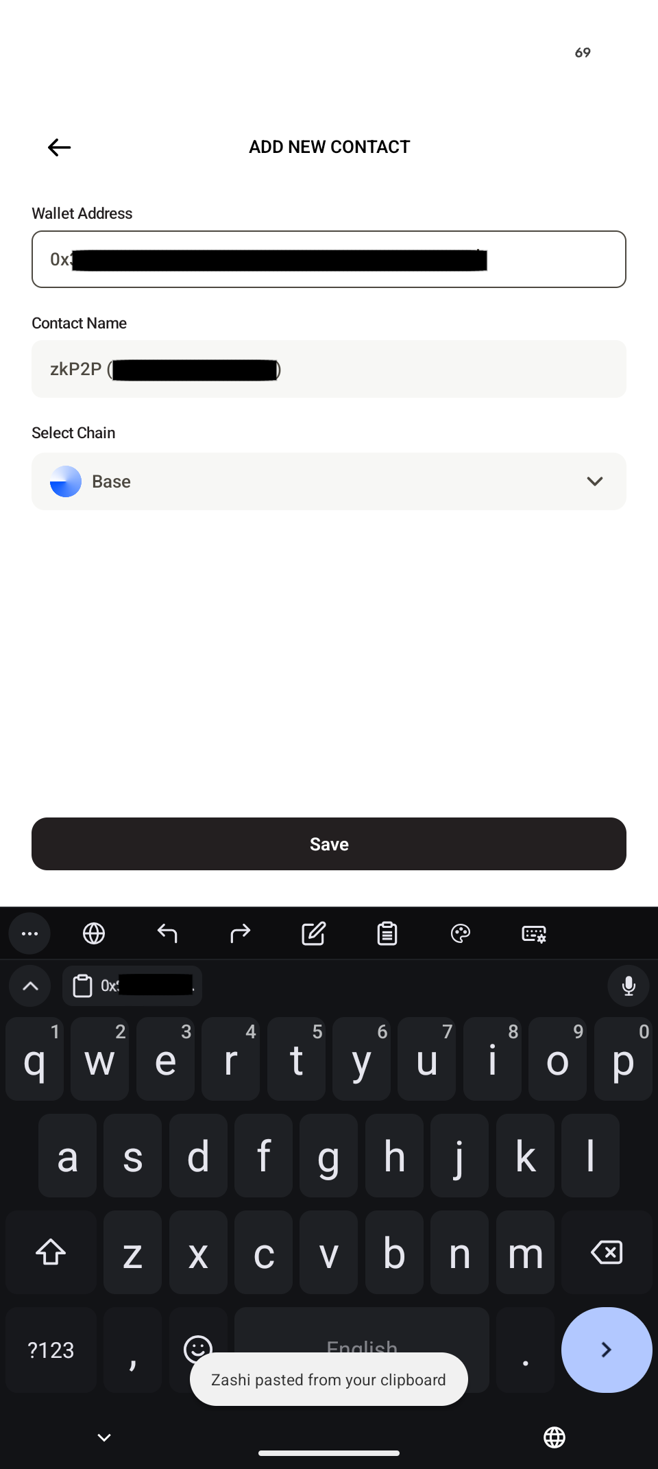 Adding contact in Zodl